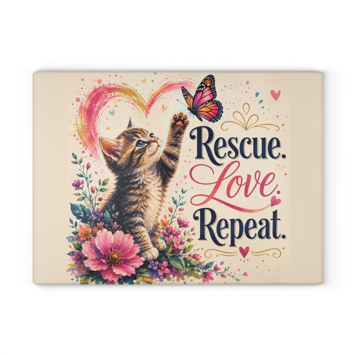 Rescue Love Repeat kitten with butterfly Glass Cutting Board | floral heart kitchen decor