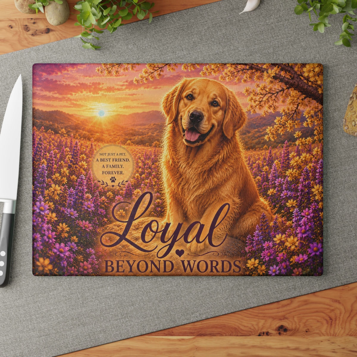 Golden Retriever 'Loyal Beyond Words' Glass Cutting Board | Dog Kitchen Decor