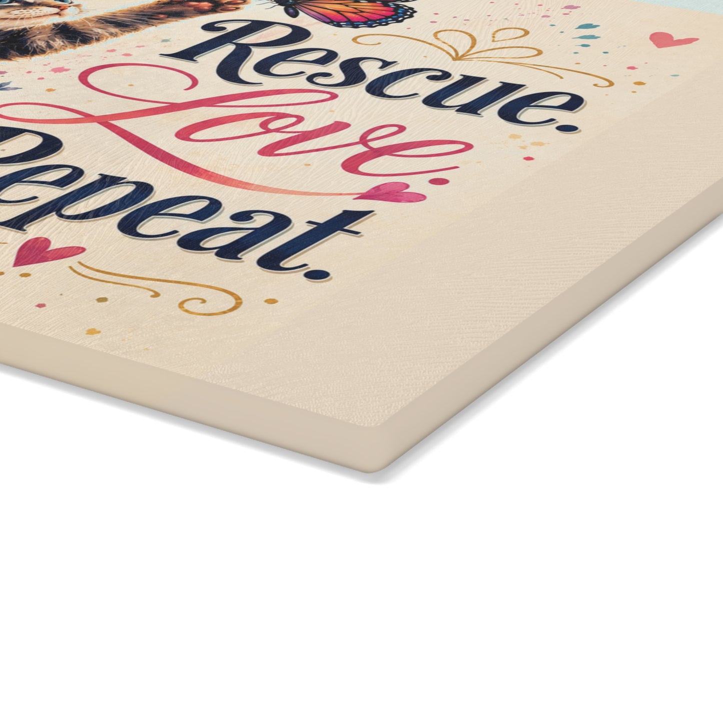 Rescue Love Repeat kitten with butterfly Glass Cutting Board | floral heart kitchen decor