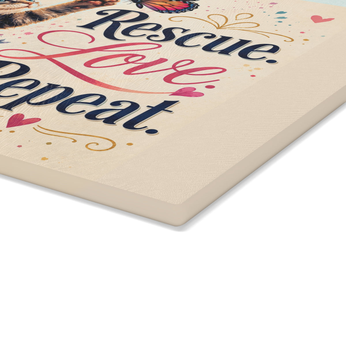 Rescue Love Repeat kitten with butterfly Glass Cutting Board | floral heart kitchen decor