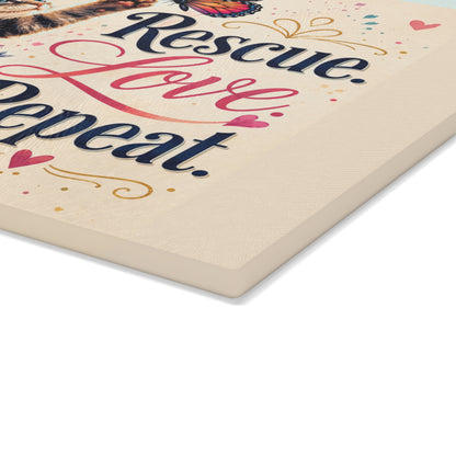 Rescue Love Repeat kitten with butterfly Glass Cutting Board | floral heart kitchen decor
