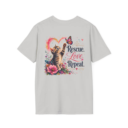 Rescue Love kitten heart butterfly T-Shirt | Rescue Love Repeat tee