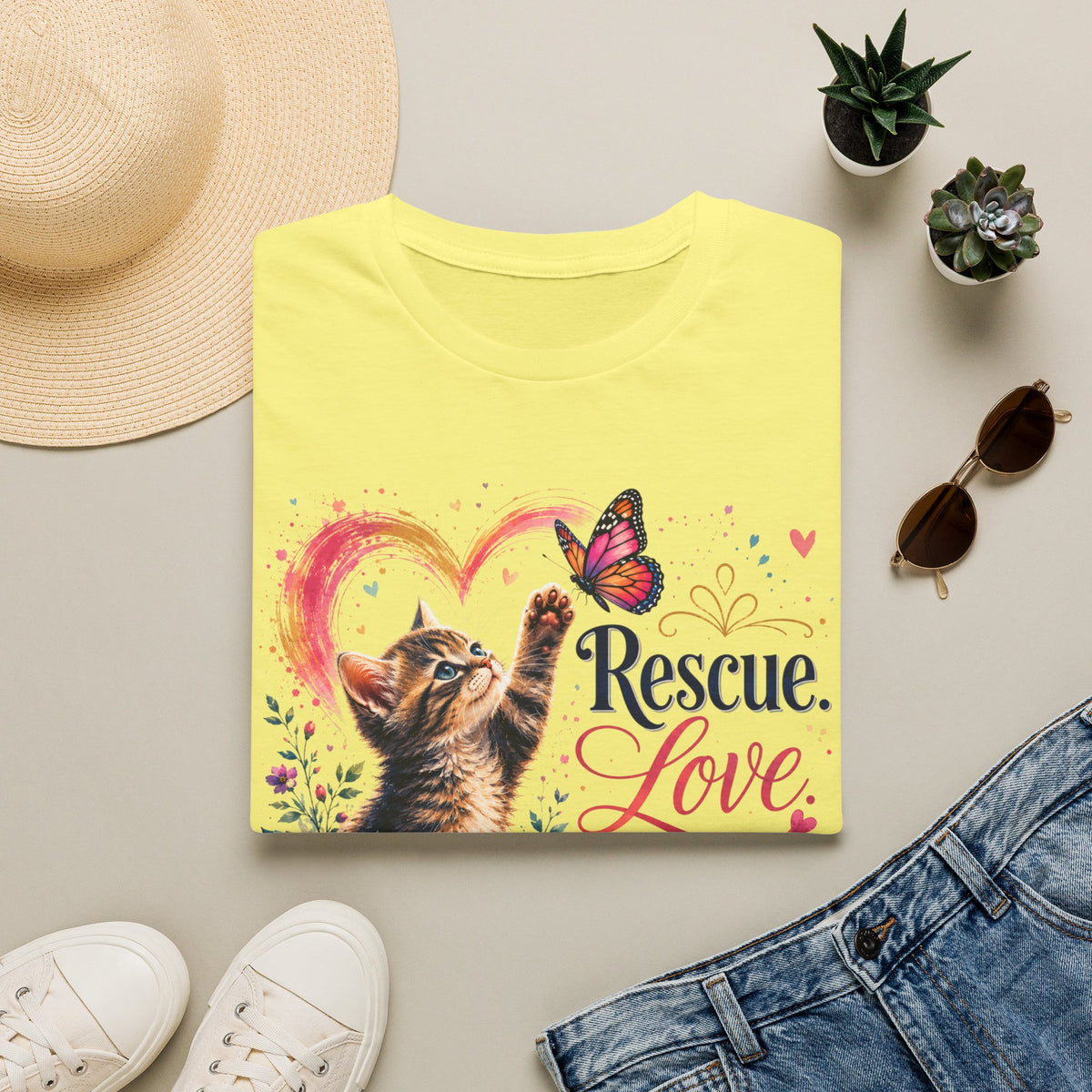 Rescue Love kitten heart butterfly T-Shirt | Rescue Love Repeat tee