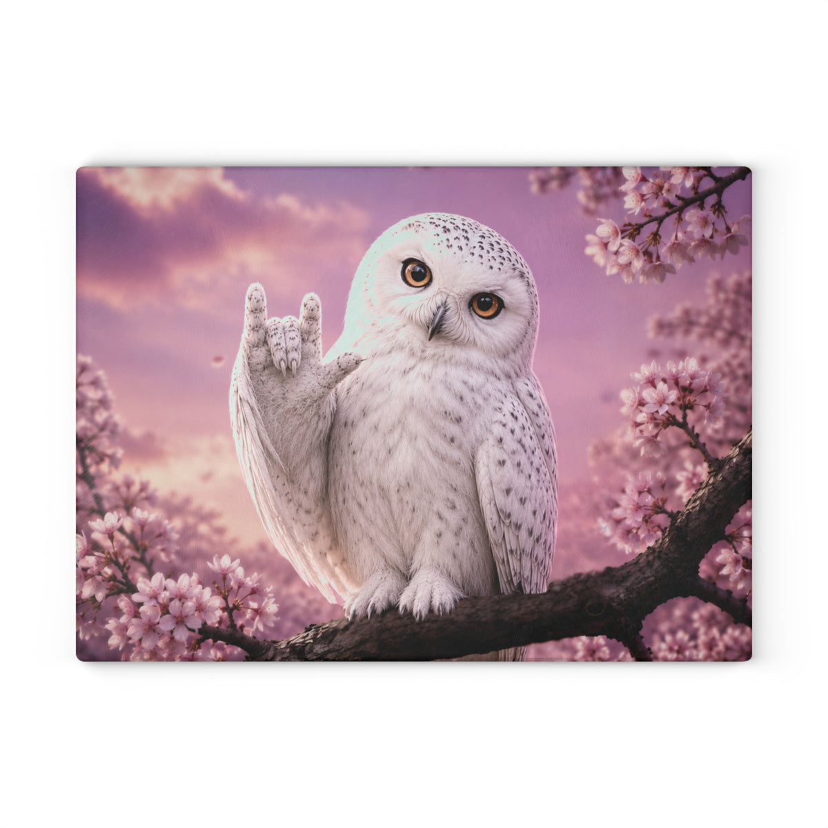Glass Cutting Board — Cute White Owl 'Love' Hand Gesture on Pink Cherry Blossom Background