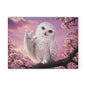 Glass Cutting Board — Cute White Owl 'Love' Hand Gesture on Pink Cherry Blossom Background