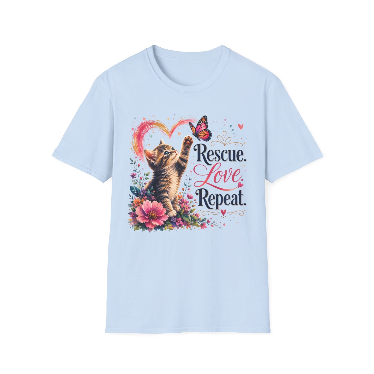 Rescue Love kitten heart butterfly T-Shirt | Rescue Love Repeat tee
