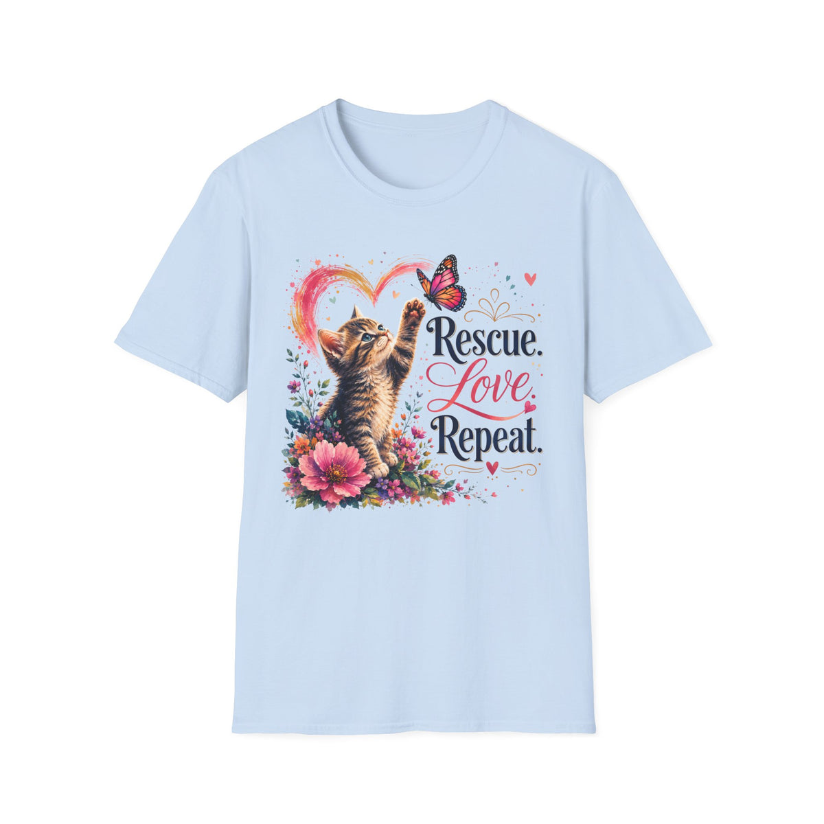 Rescue Love kitten heart butterfly T-Shirt | Rescue Love Repeat tee