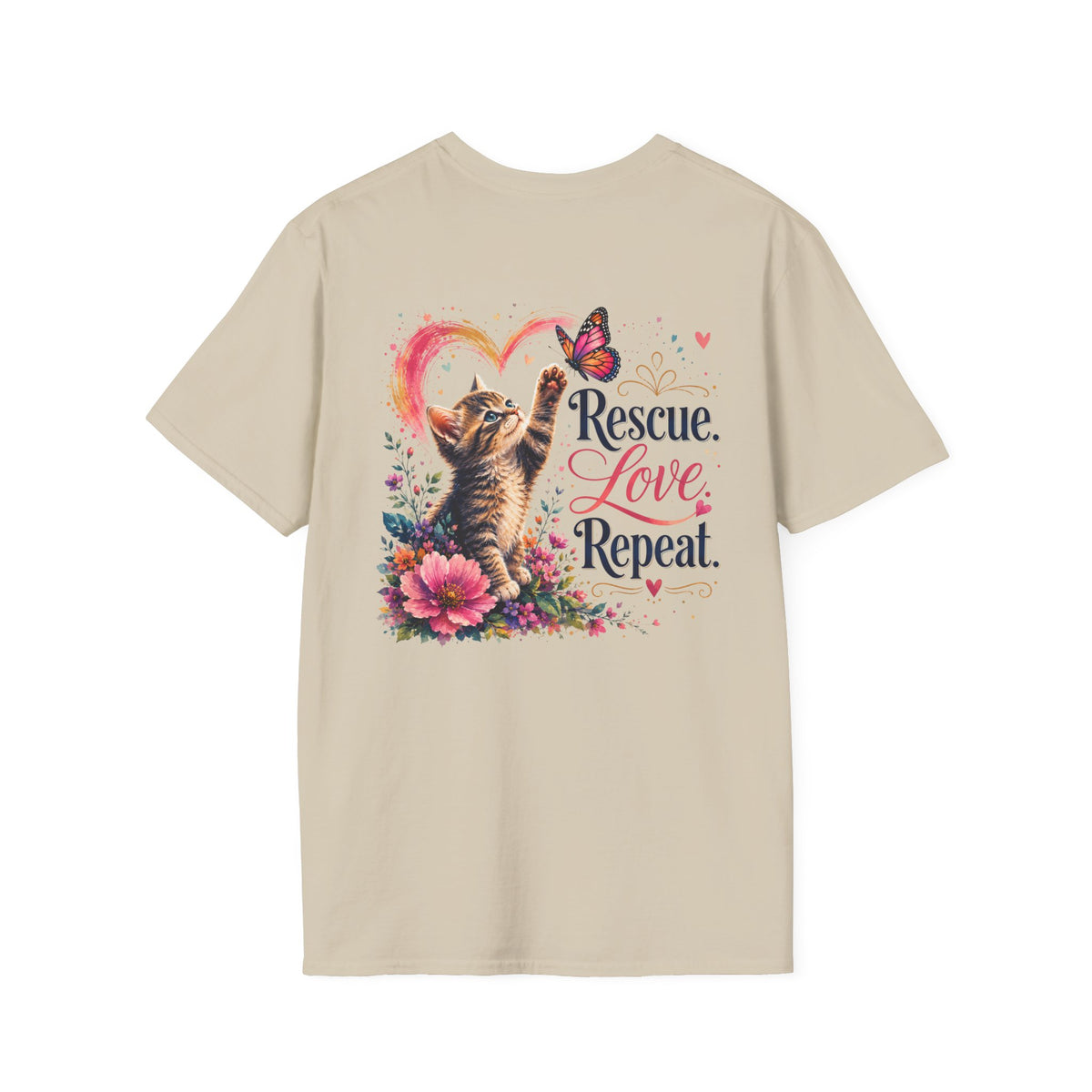 Rescue Love kitten heart butterfly T-Shirt | Rescue Love Repeat tee