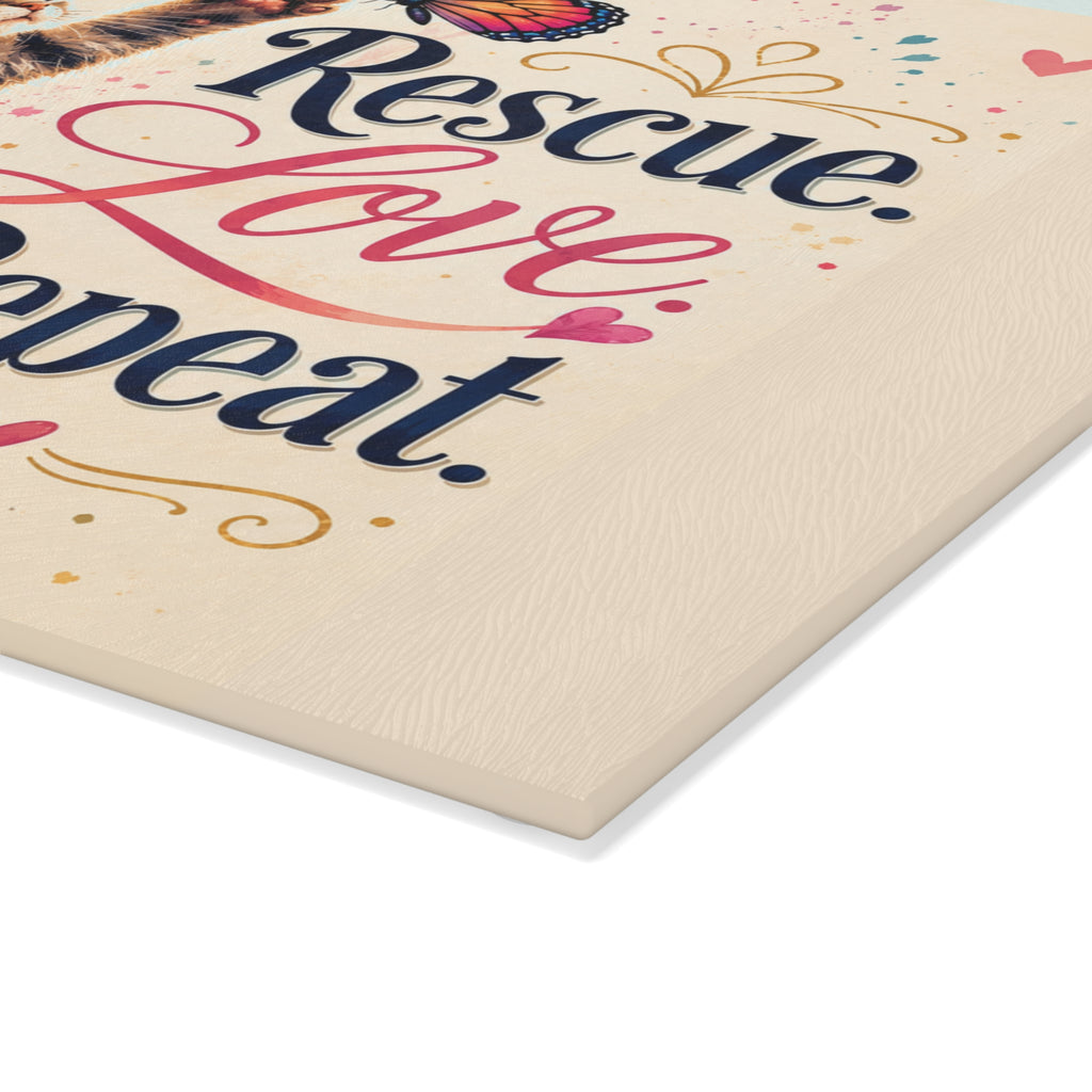 Rescue Love Repeat kitten with butterfly Glass Cutting Board | floral heart kitchen decor