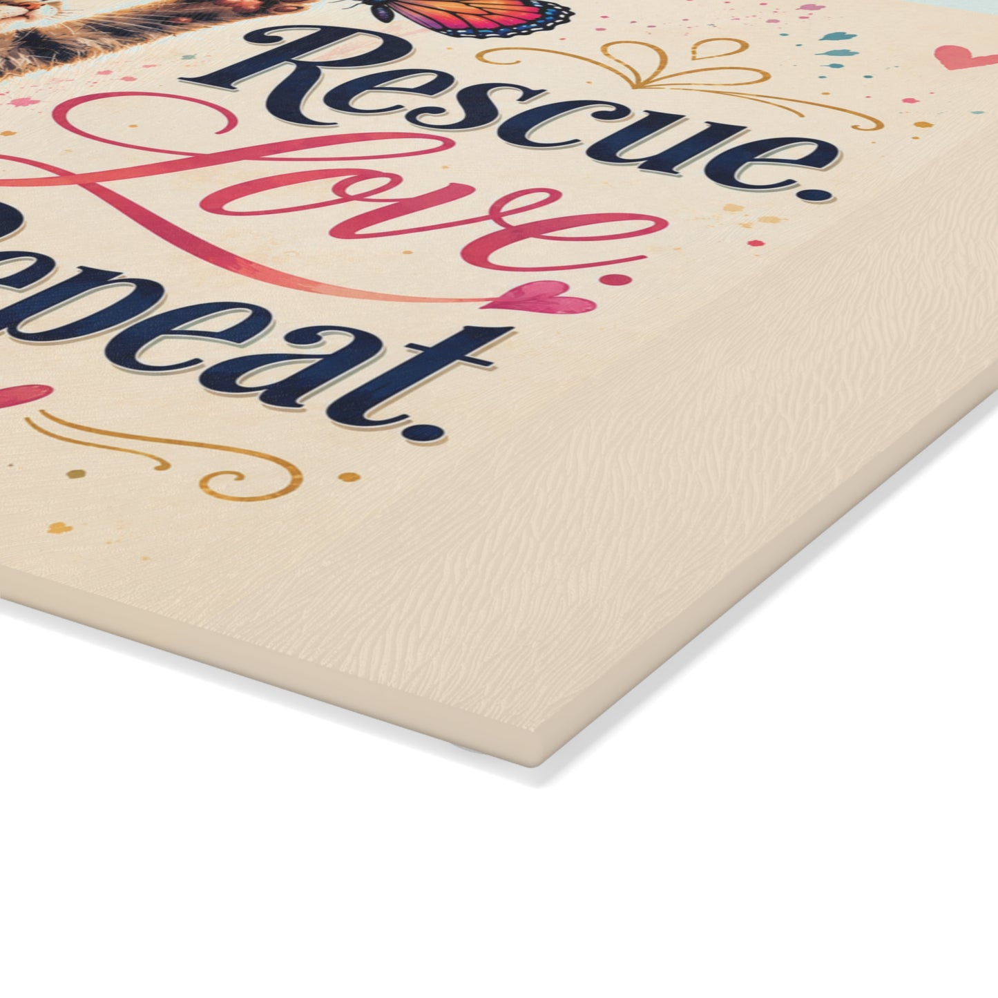 Rescue Love Repeat kitten with butterfly Glass Cutting Board | floral heart kitchen decor