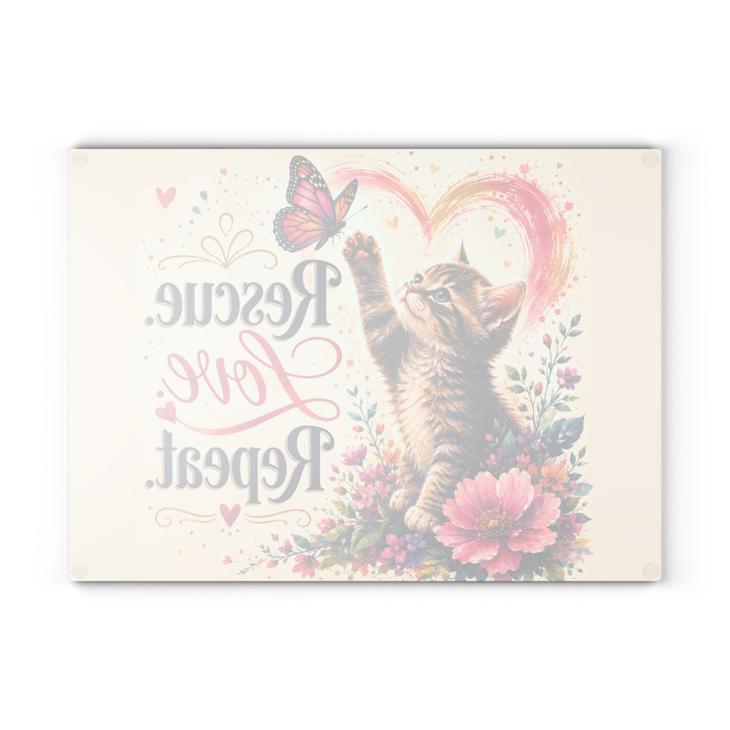 Rescue Love Repeat kitten with butterfly Glass Cutting Board | floral heart kitchen decor