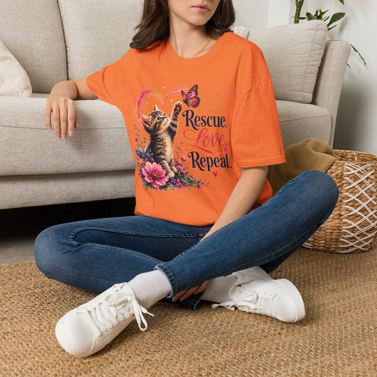 Rescue Love kitten heart butterfly T-Shirt | Rescue Love Repeat tee
