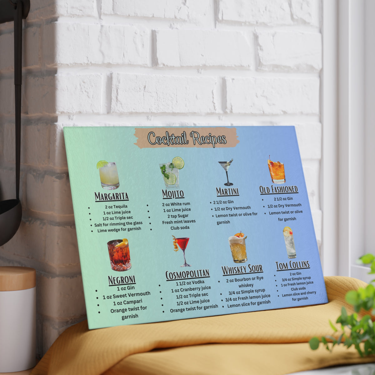 Cocktail Recipes Glass Cutting Board | Margarita Mojito Martini Old Fashioned