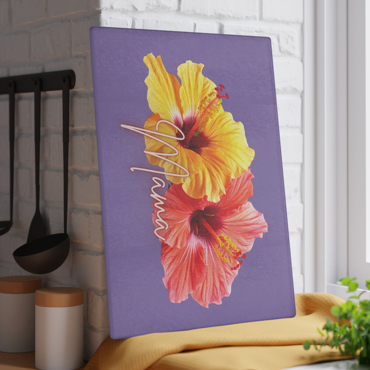 Mama Hibiscus Glass Cutting Board — Tropical Floral Kitchen Gift for Moms
