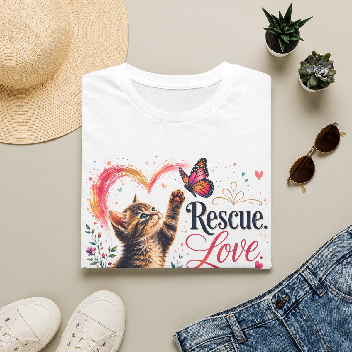 Rescue Love kitten heart butterfly T-Shirt | Rescue Love Repeat tee