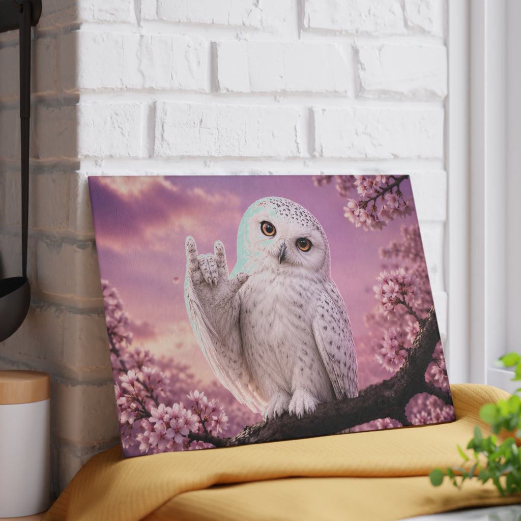 Glass Cutting Board — Cute White Owl 'Love' Hand Gesture on Pink Cherry Blossom Background