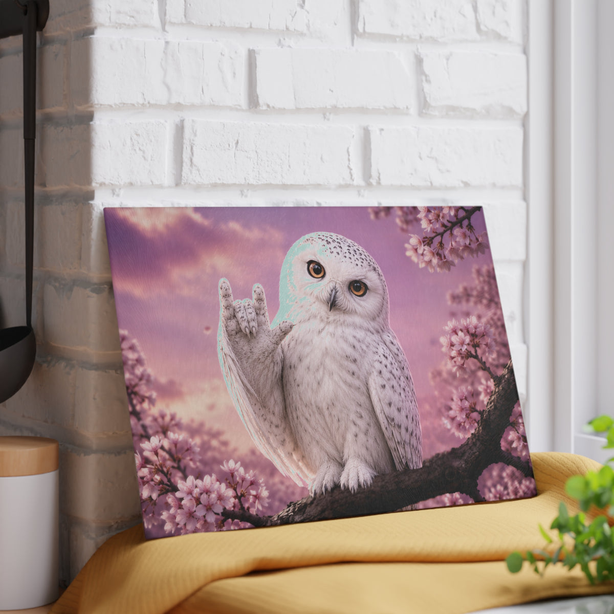 Glass Cutting Board — Cute White Owl 'Love' Hand Gesture on Pink Cherry Blossom Background