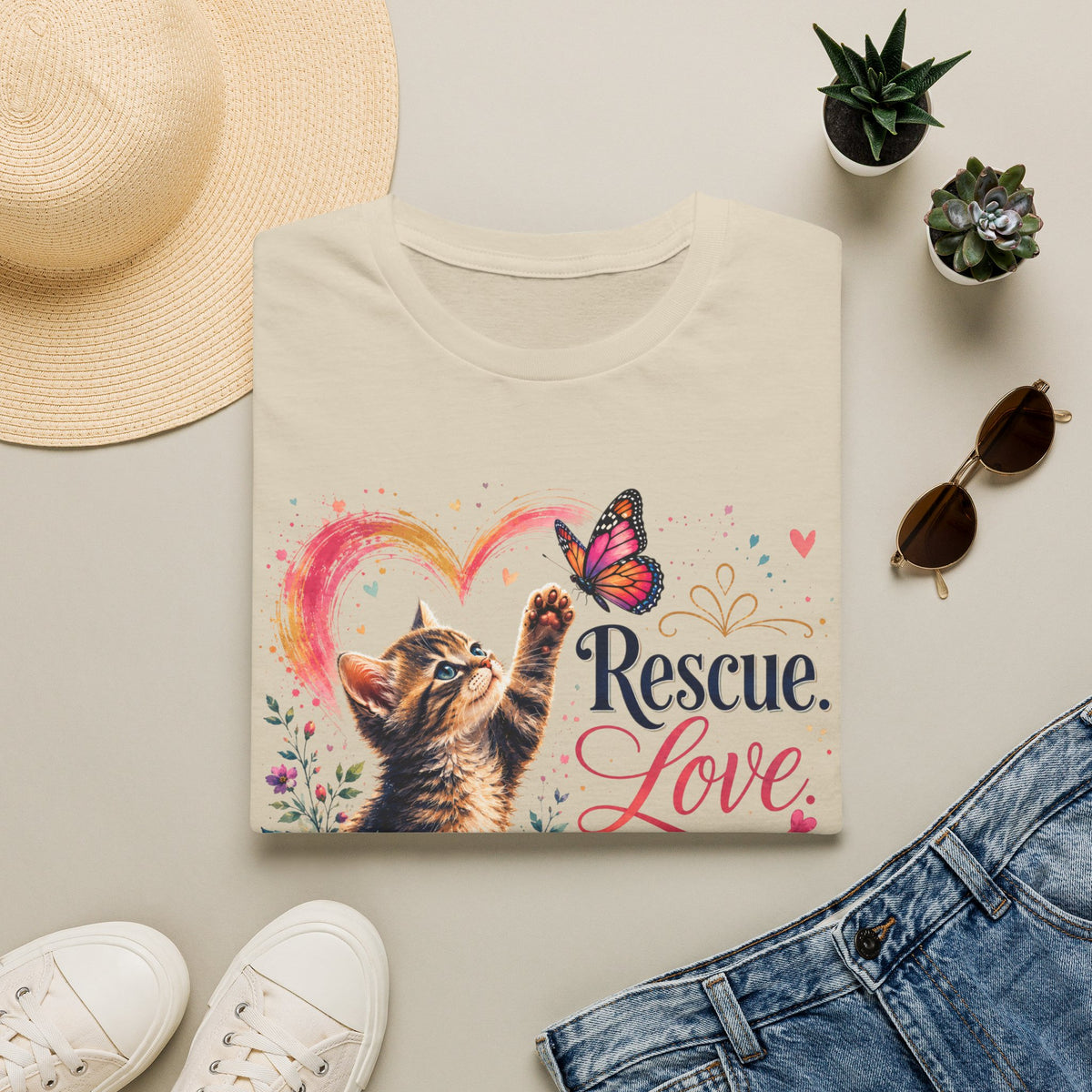 Rescue Love kitten heart butterfly T-Shirt | Rescue Love Repeat tee