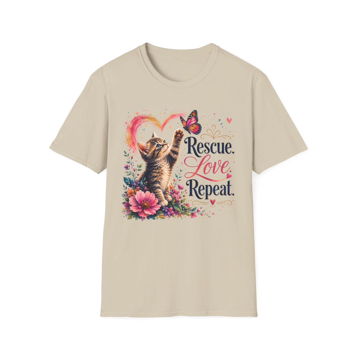 Rescue Love kitten heart butterfly T-Shirt | Rescue Love Repeat tee