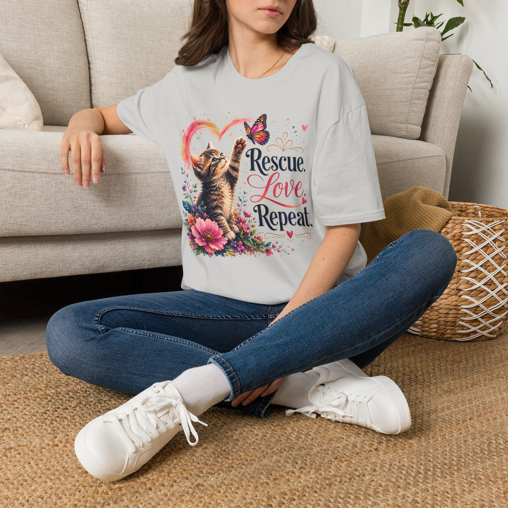 Rescue Love kitten heart butterfly T-Shirt | Rescue Love Repeat tee