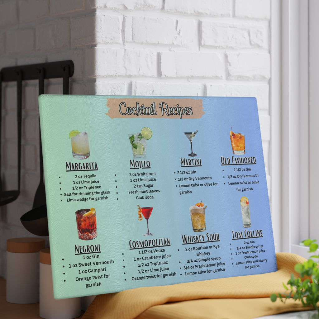 Cocktail Recipes Glass Cutting Board | Margarita Mojito Martini Old Fashioned