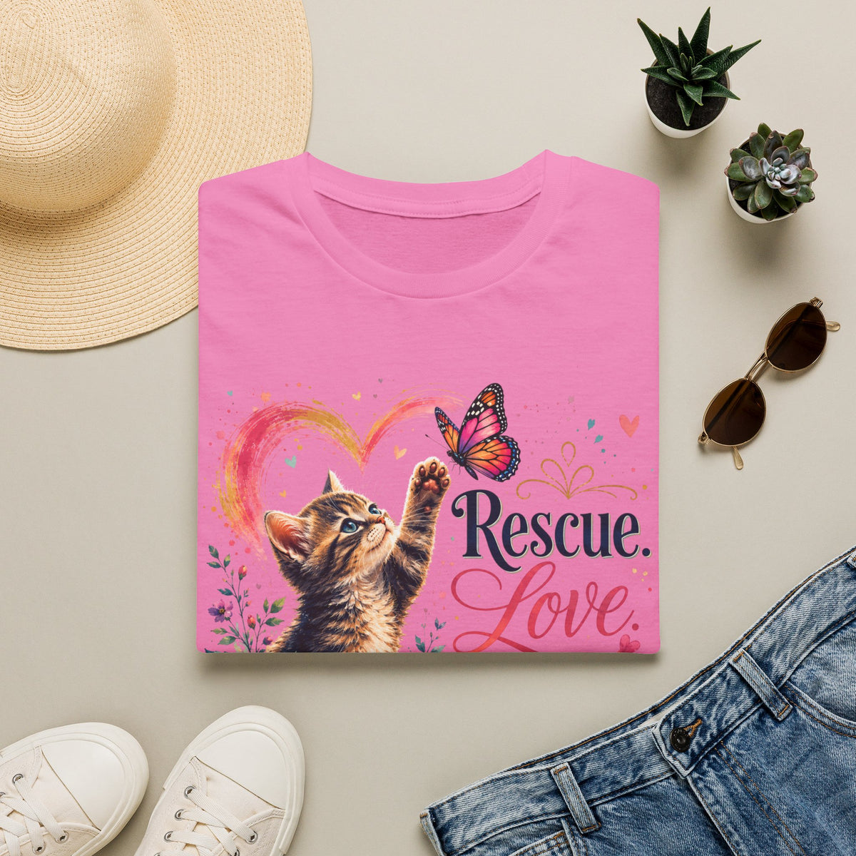 Rescue Love kitten heart butterfly T-Shirt | Rescue Love Repeat tee