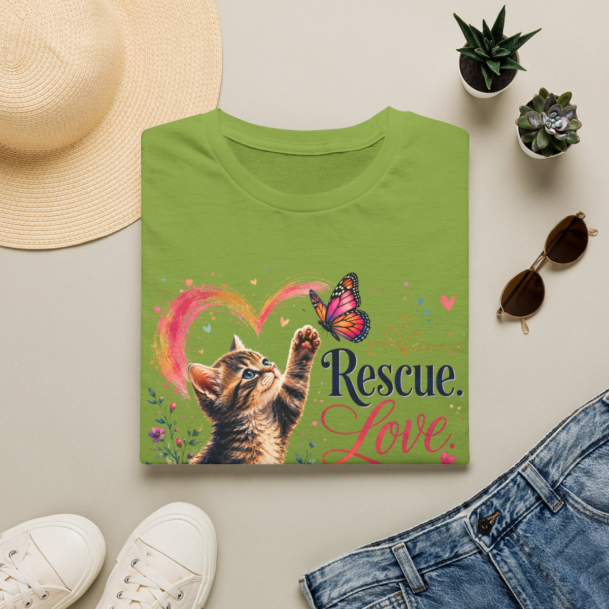Rescue Love kitten heart butterfly T-Shirt | Rescue Love Repeat tee
