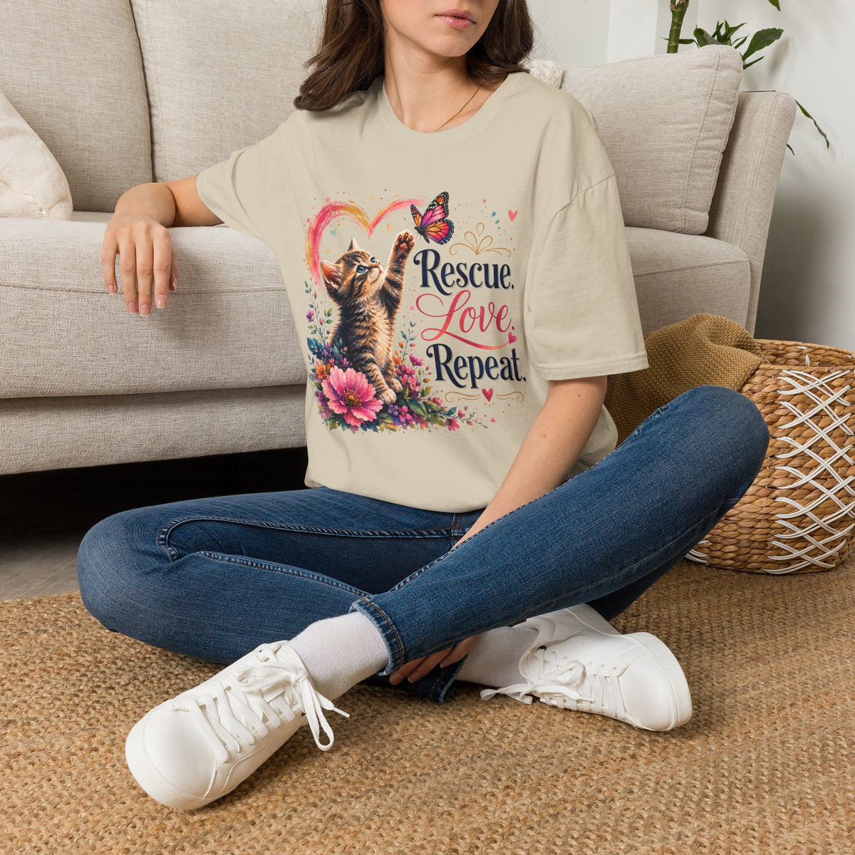 Rescue Love kitten heart butterfly T-Shirt | Rescue Love Repeat tee
