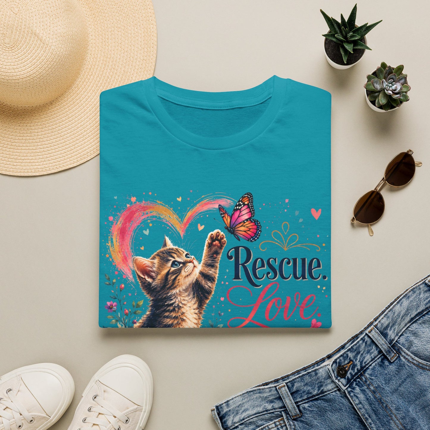 Rescue Love kitten heart butterfly T-Shirt | Rescue Love Repeat tee