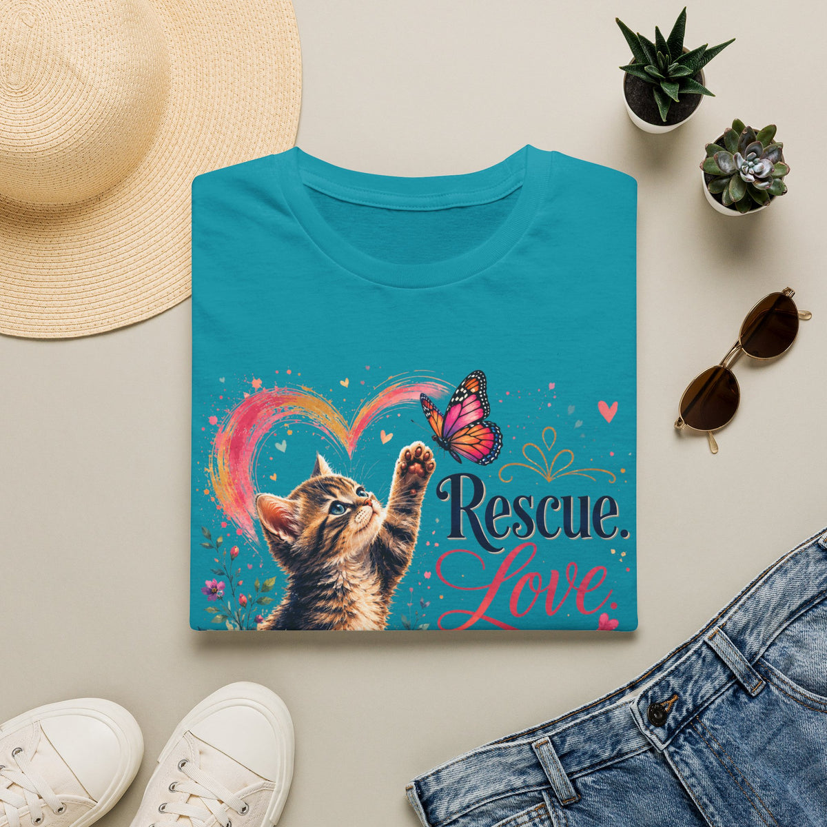 Rescue Love kitten heart butterfly T-Shirt | Rescue Love Repeat tee