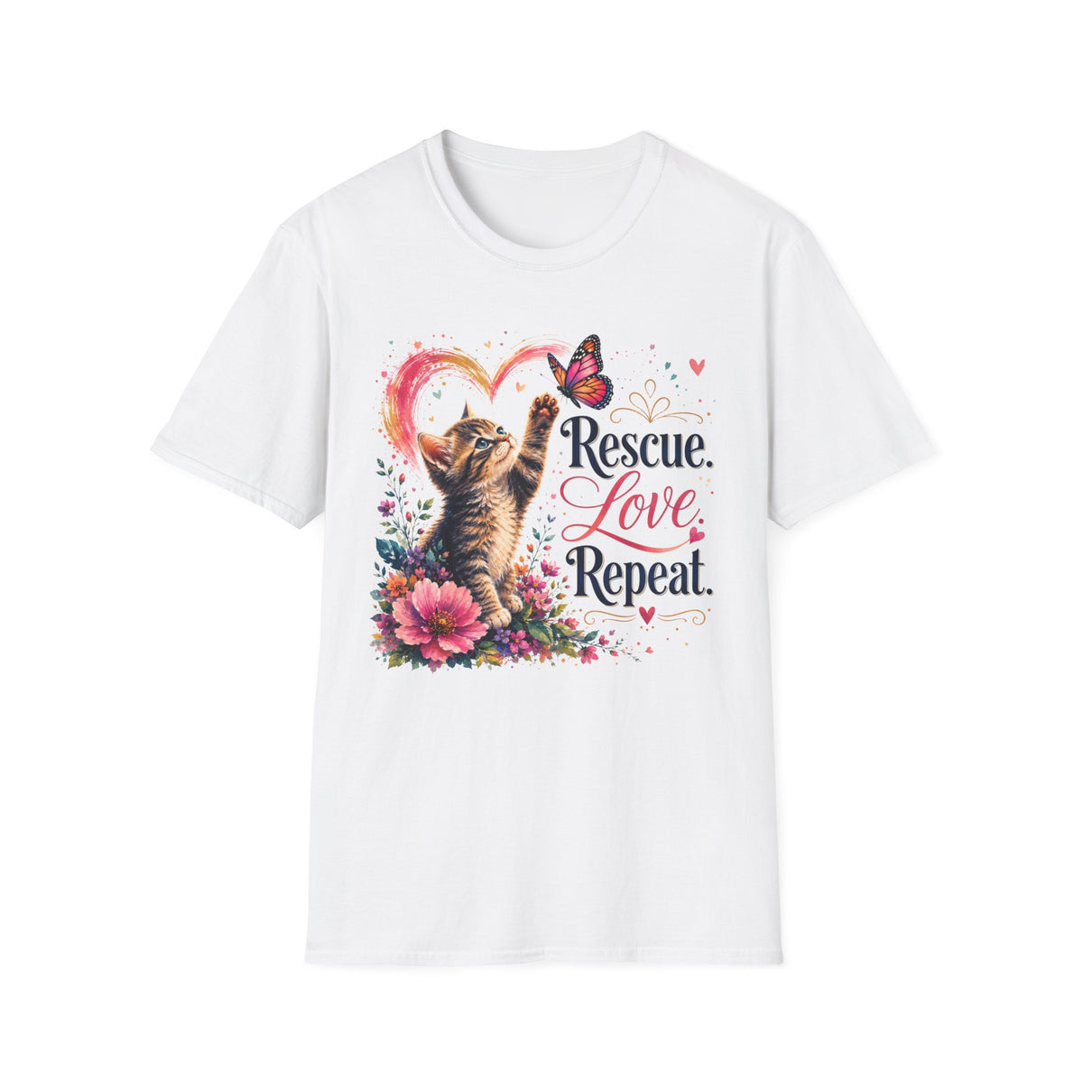 Rescue Love kitten heart butterfly T-Shirt | Rescue Love Repeat tee