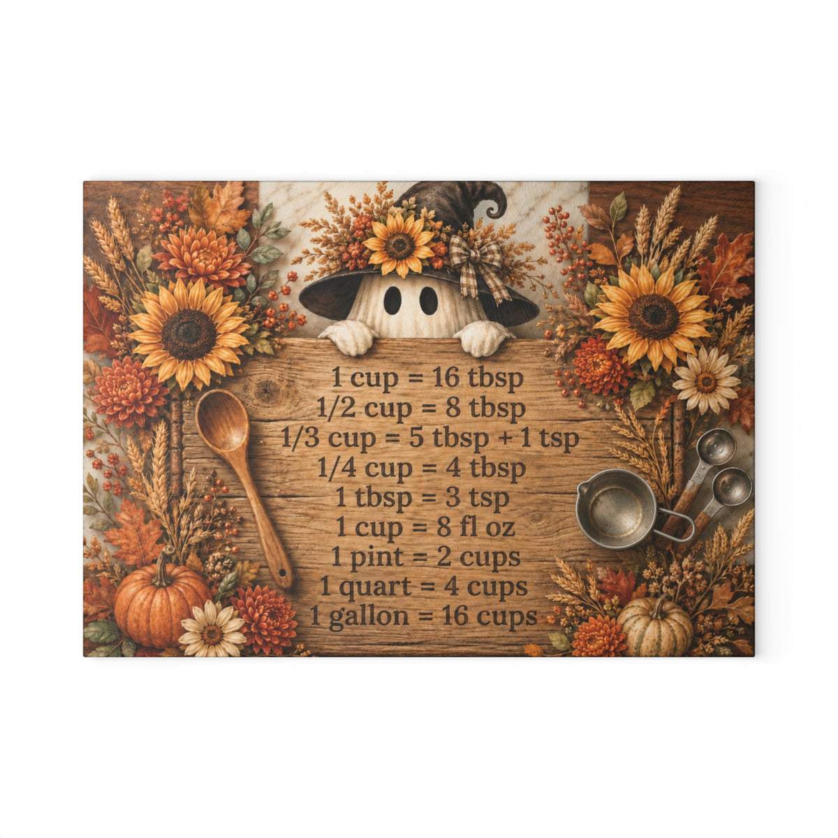 Autumn Sunflower Kitchen Conversion Glass Cutting Board | Measurement Chart