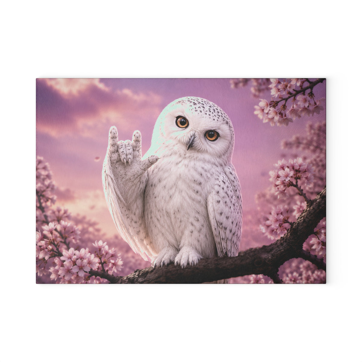 Glass Cutting Board — Cute White Owl 'Love' Hand Gesture on Pink Cherry Blossom Background