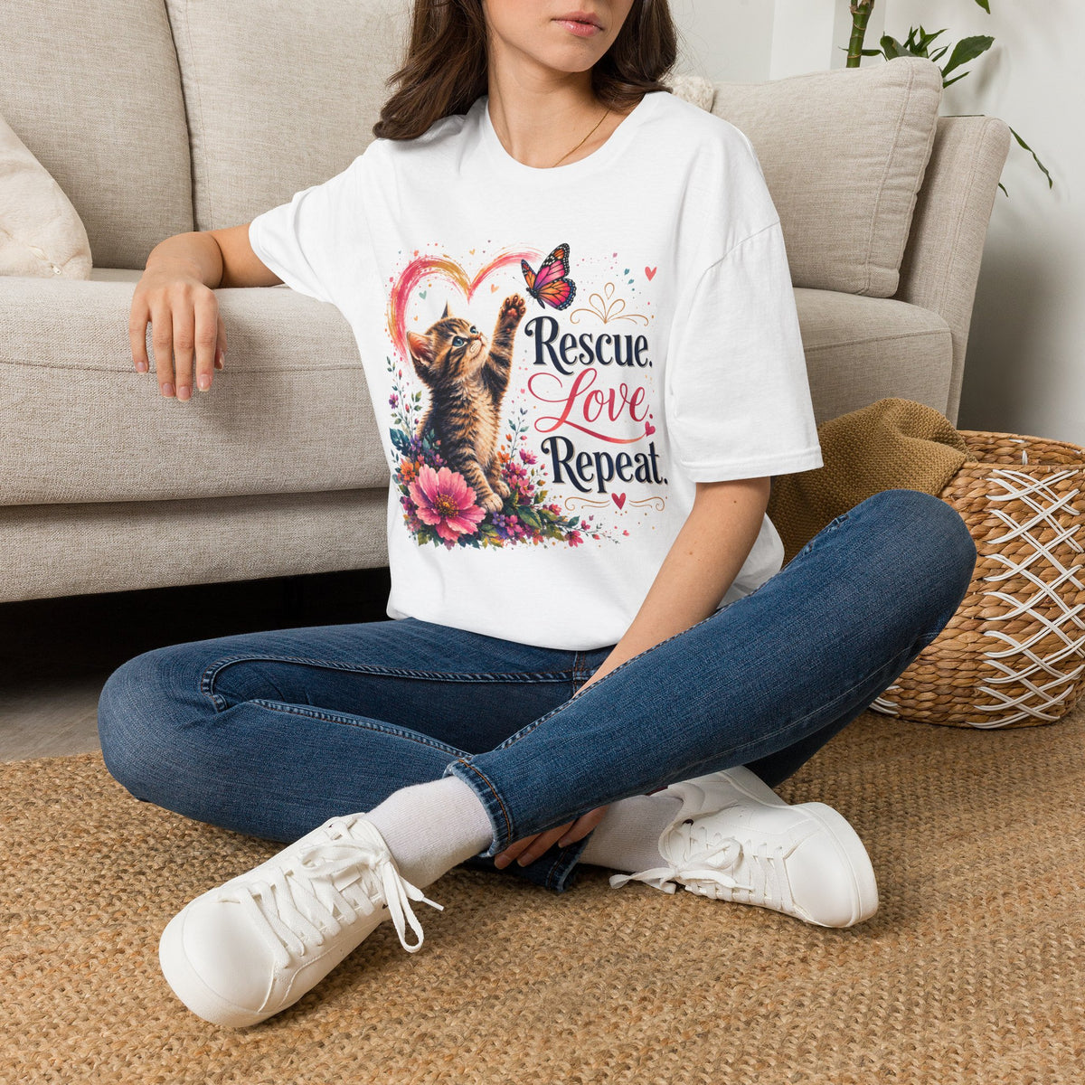 Rescue Love kitten heart butterfly T-Shirt | Rescue Love Repeat tee