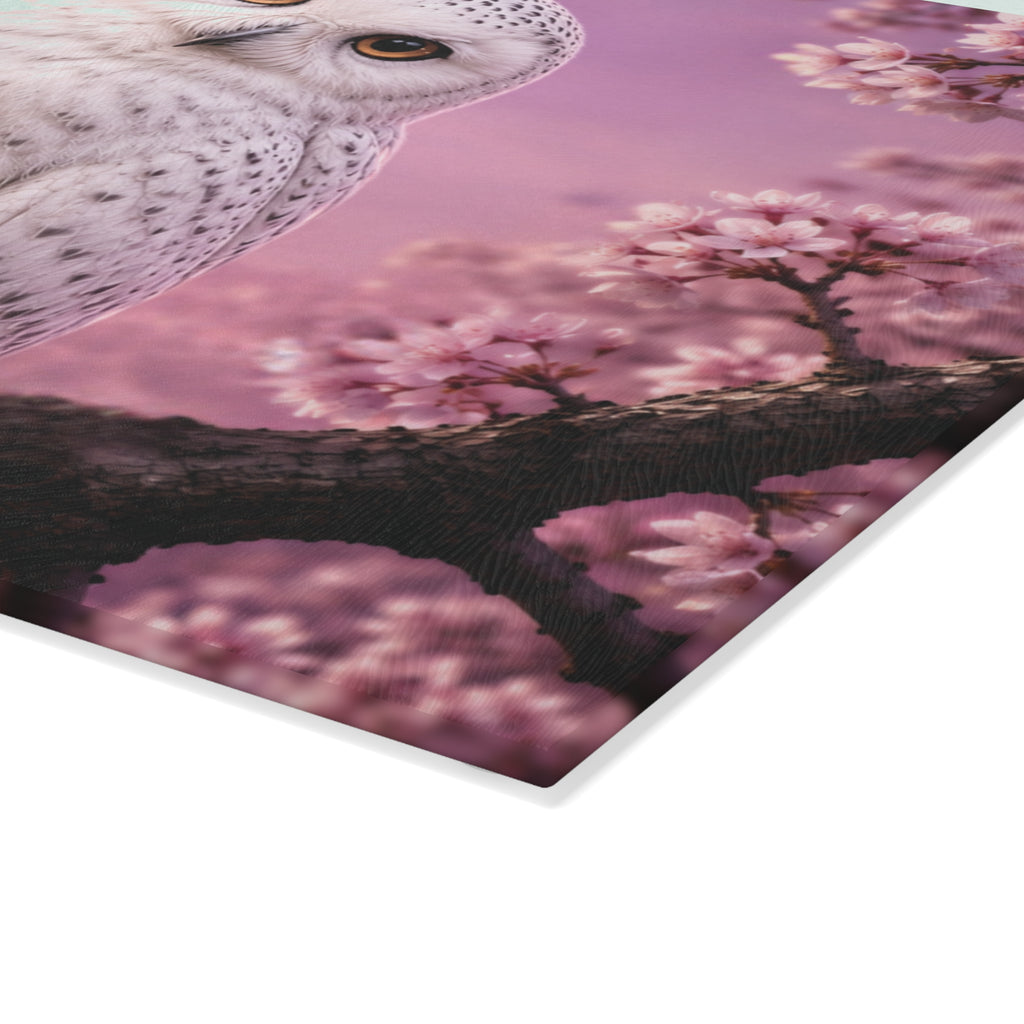 Glass Cutting Board — Cute White Owl 'Love' Hand Gesture on Pink Cherry Blossom Background