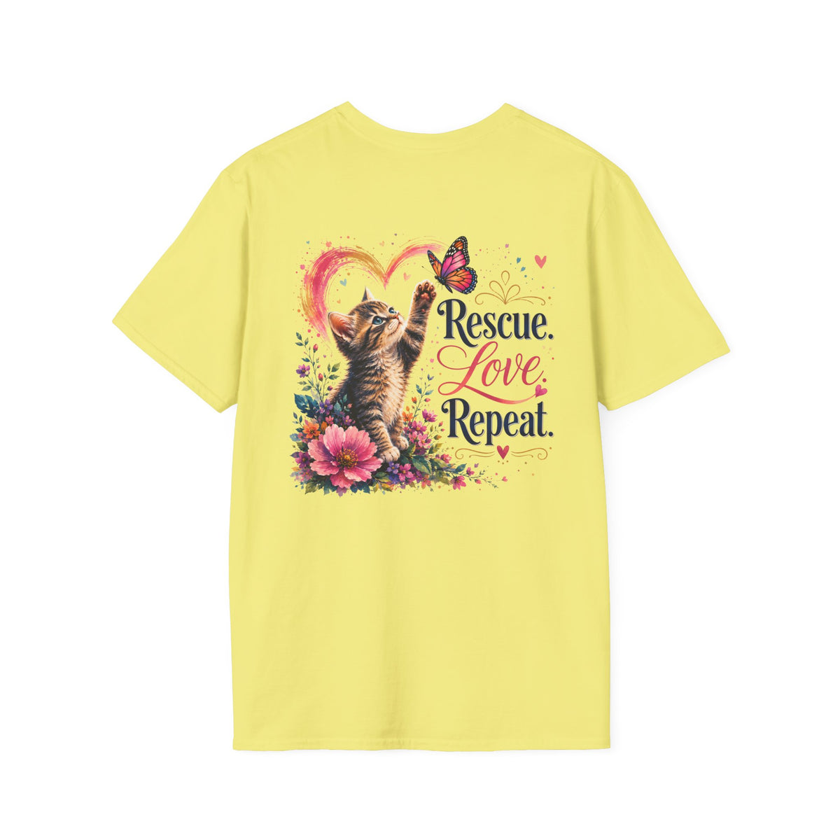 Rescue Love kitten heart butterfly T-Shirt | Rescue Love Repeat tee