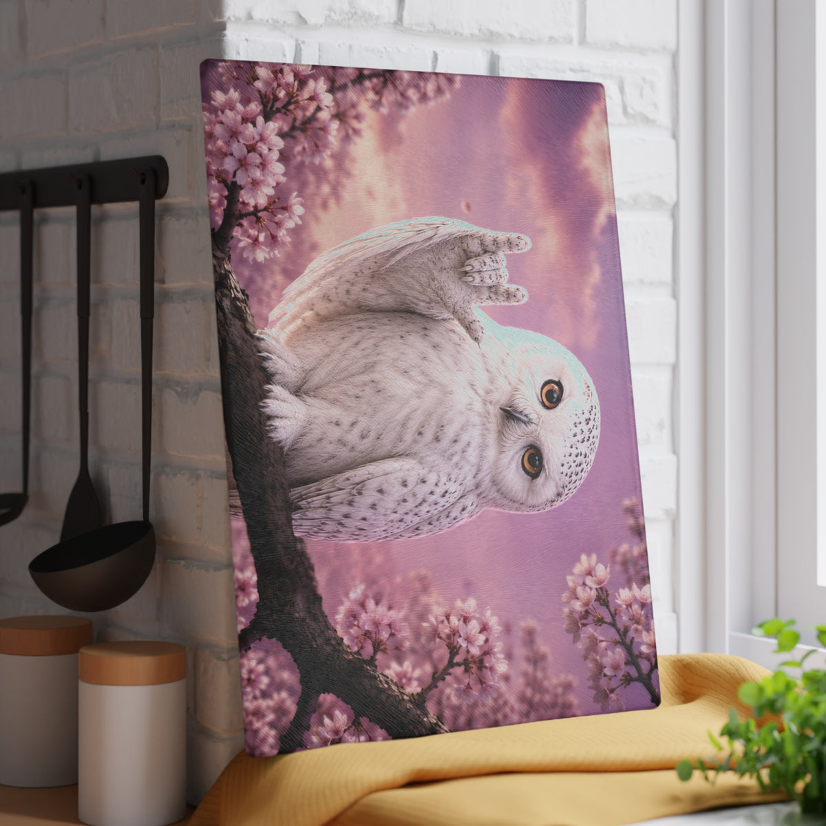 Glass Cutting Board — Cute White Owl 'Love' Hand Gesture on Pink Cherry Blossom Background