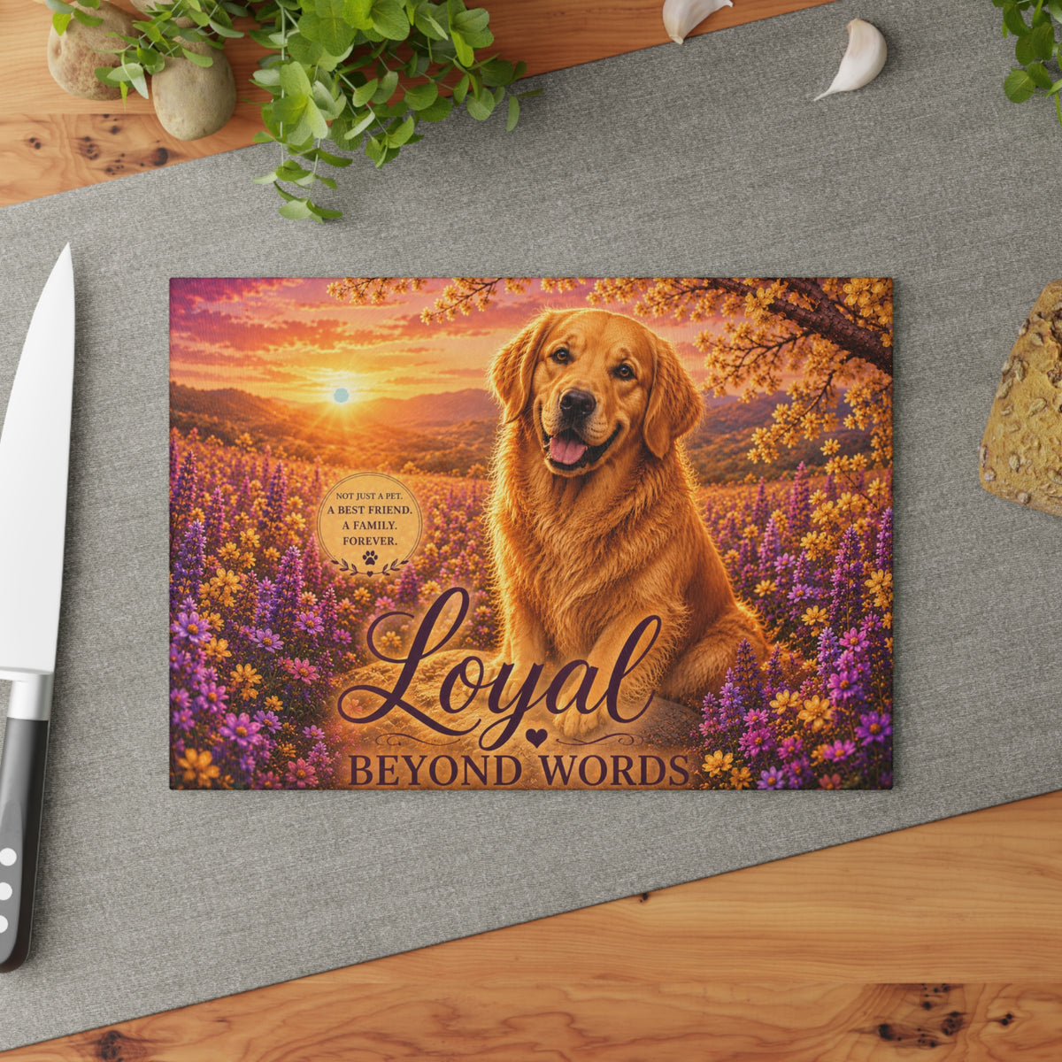 Golden Retriever 'Loyal Beyond Words' Glass Cutting Board | Dog Kitchen Decor