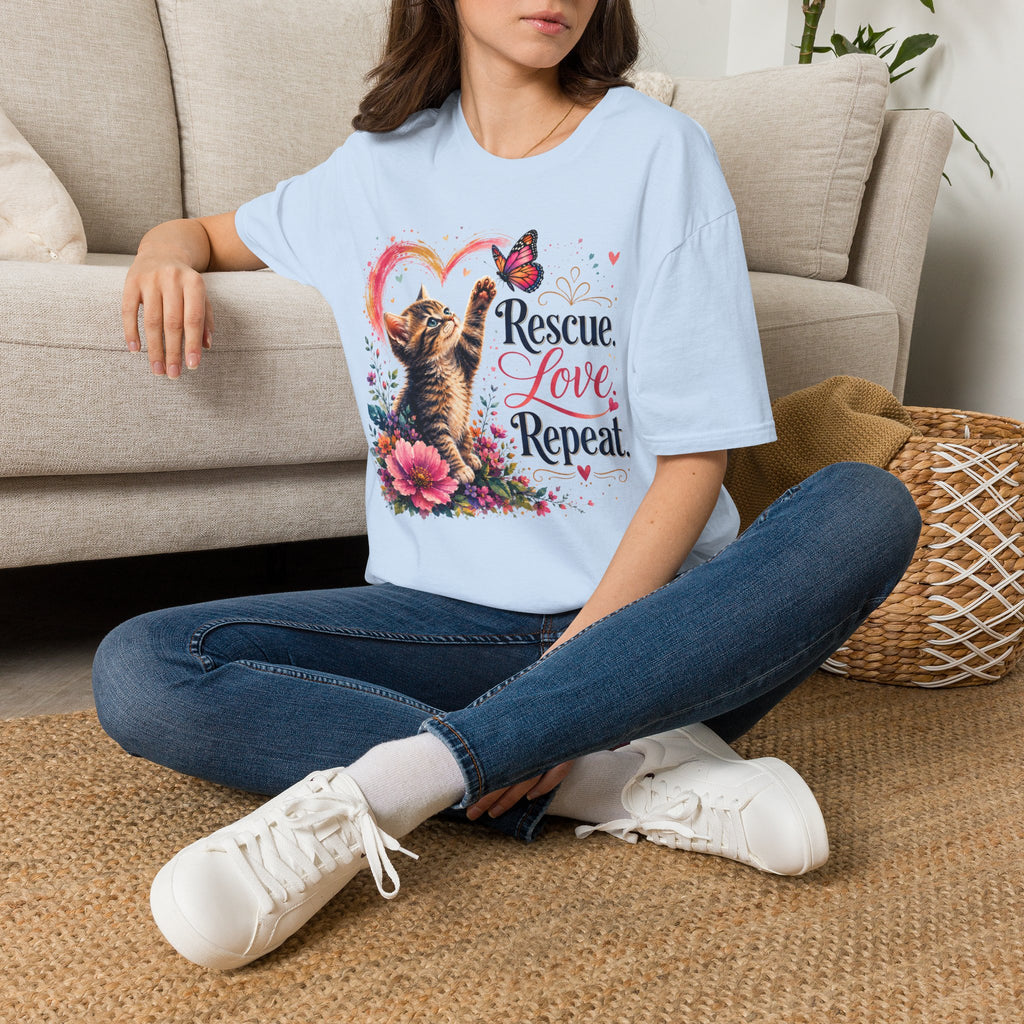 Rescue Love kitten heart butterfly T-Shirt | Rescue Love Repeat tee