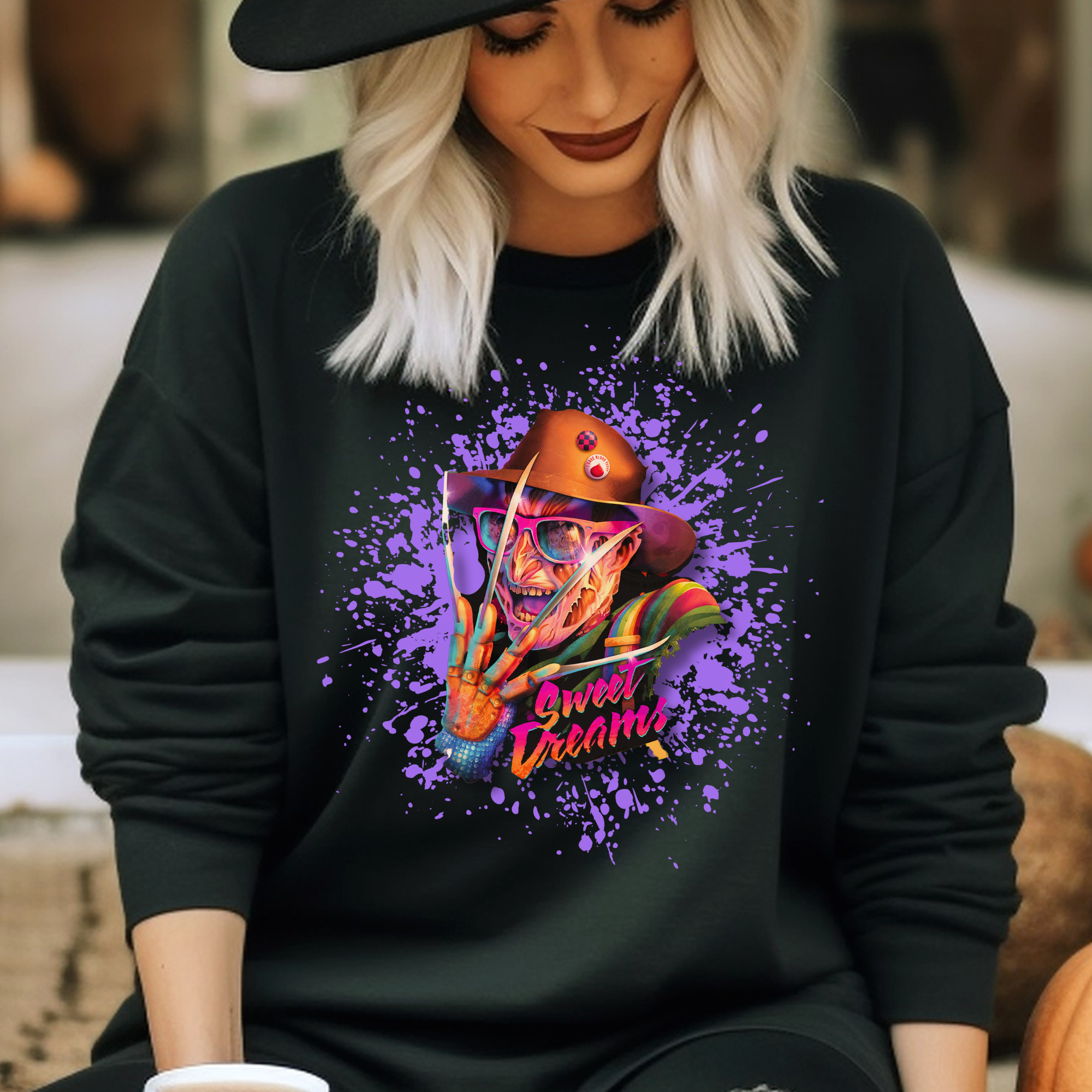 Neon Nightmare Freddy Krueger Sweatshirt | Retro Horror Splatter