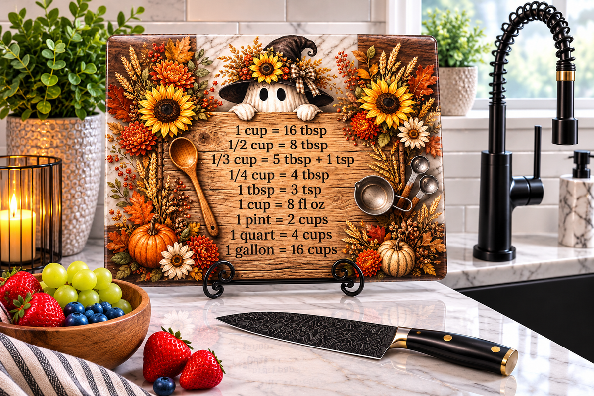 Autumn Sunflower Kitchen Conversion Glass Cutting Board | Measurement Chart