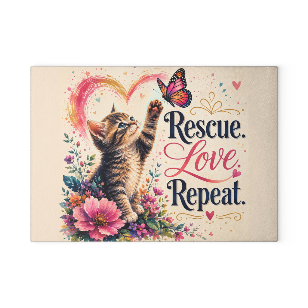 Rescue Love Repeat kitten with butterfly Glass Cutting Board | floral heart kitchen decor