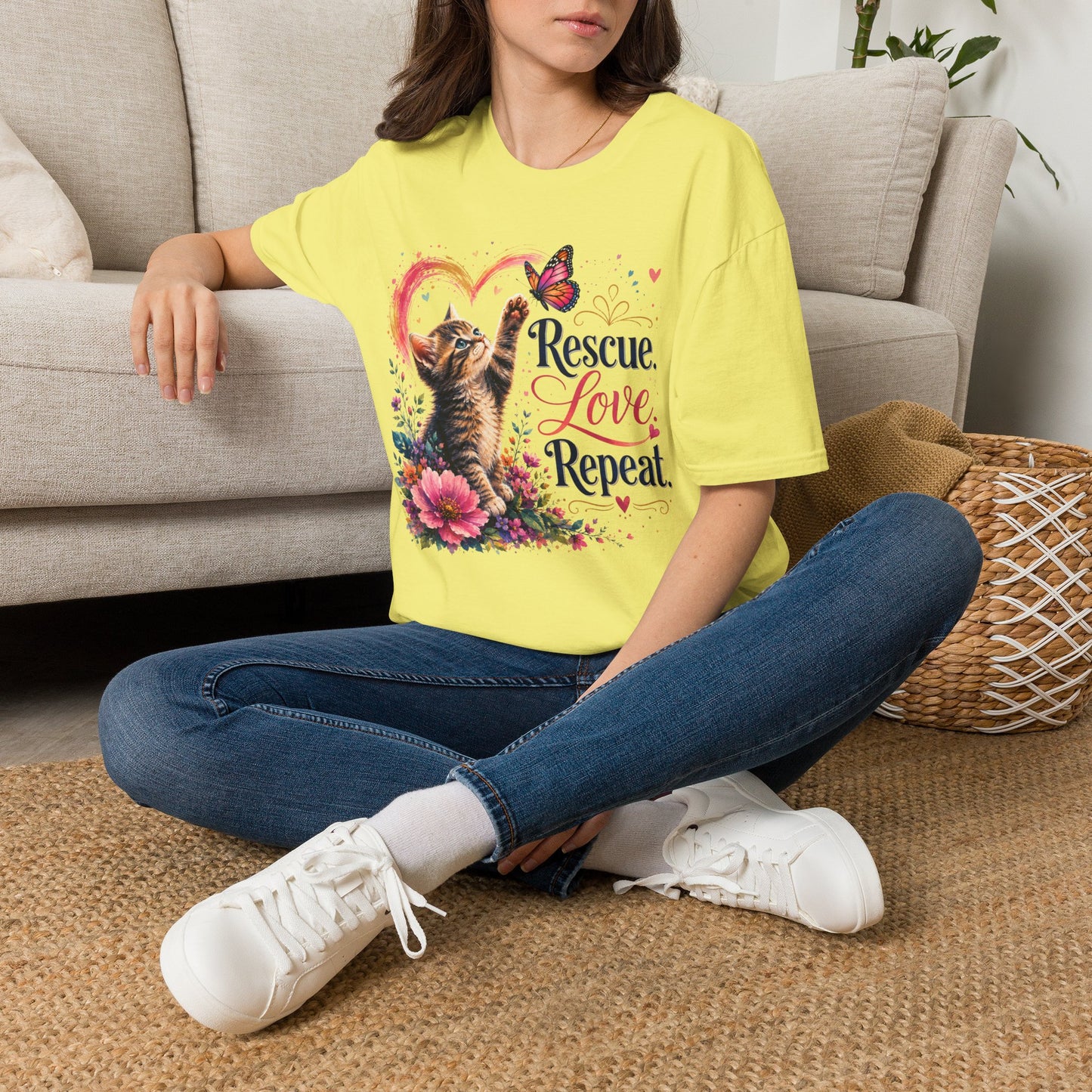 Rescue Love kitten heart butterfly T-Shirt | Rescue Love Repeat tee
