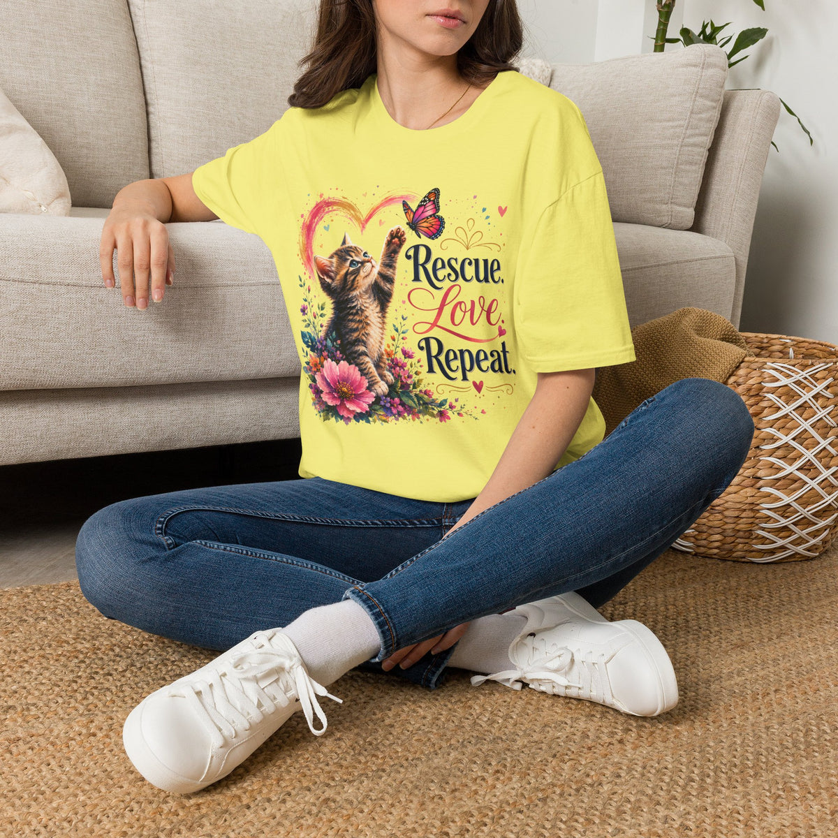 Rescue Love kitten heart butterfly T-Shirt | Rescue Love Repeat tee
