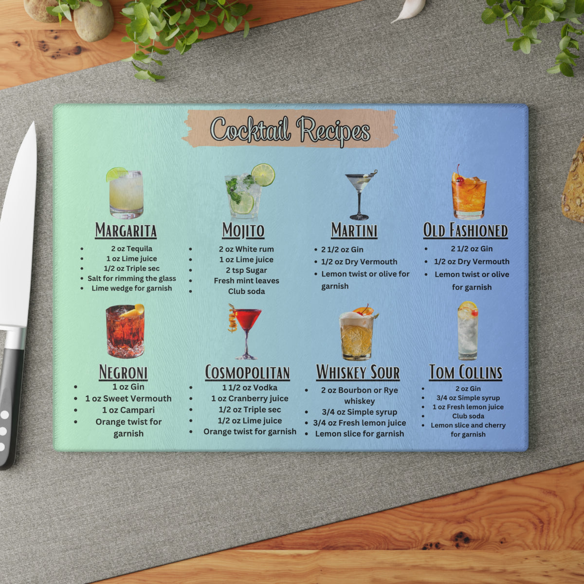 Cocktail Recipes Glass Cutting Board | Margarita Mojito Martini Old Fashioned
