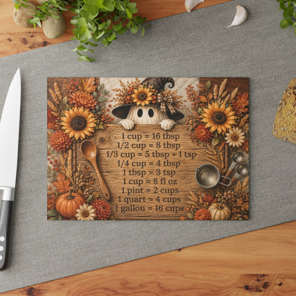 Autumn Sunflower Kitchen Conversion Glass Cutting Board | Measurement Chart