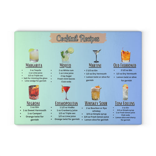 Cocktail Recipes Glass Cutting Board | Margarita Mojito Martini Old Fashioned