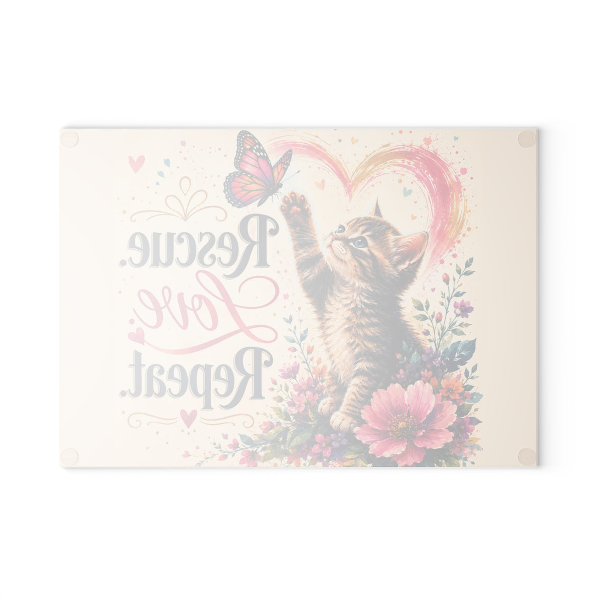 Rescue Love Repeat kitten with butterfly Glass Cutting Board | floral heart kitchen decor