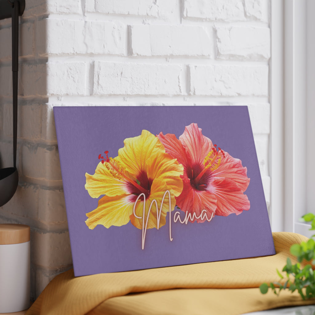 Mama Hibiscus Glass Cutting Board — Tropical Floral Kitchen Gift for Moms