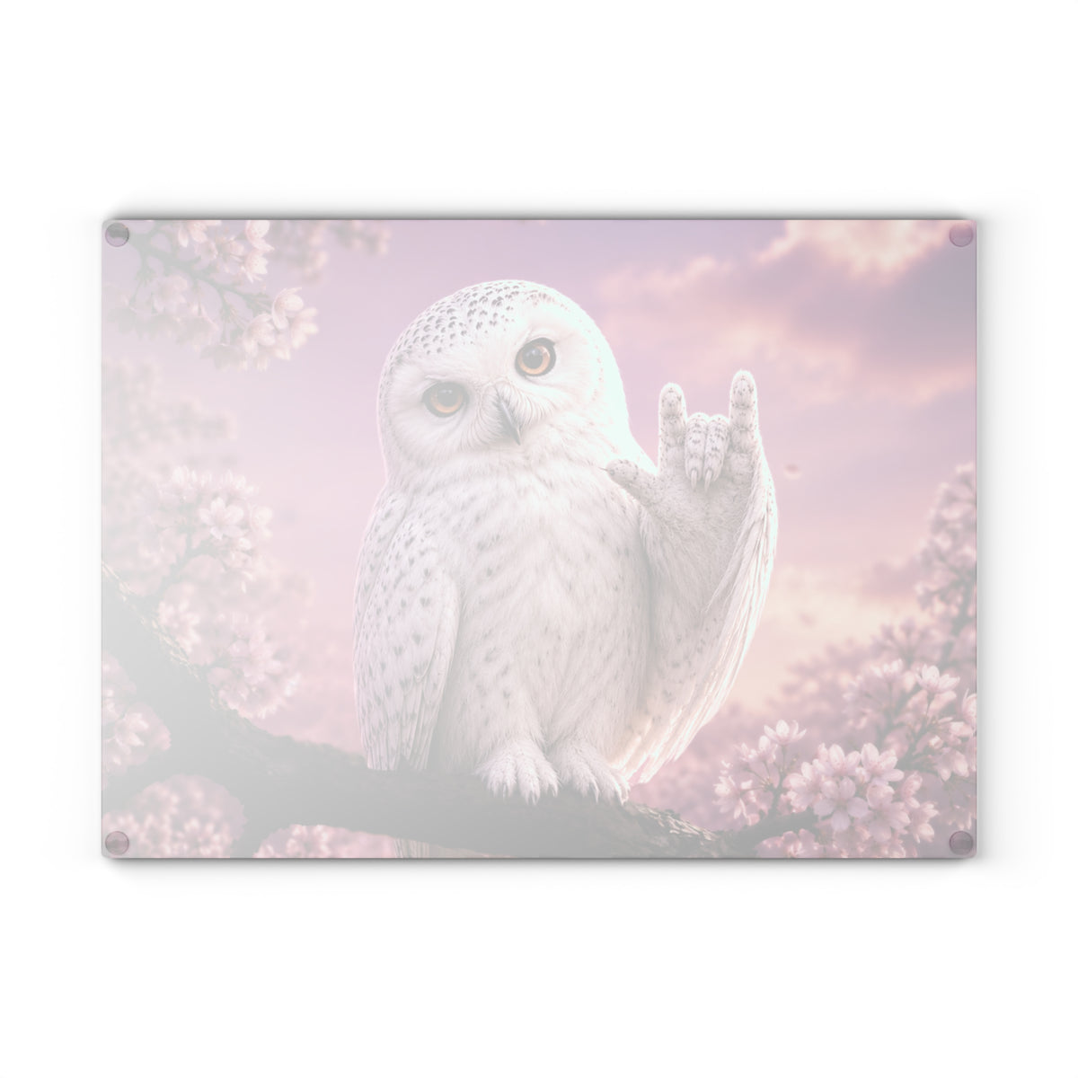 Glass Cutting Board — Cute White Owl 'Love' Hand Gesture on Pink Cherry Blossom Background